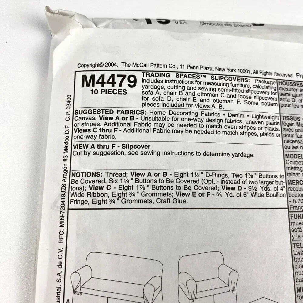 McCalls M4479 Furniture Sofa Chair Slipcovers Trading Spaces TLC sewing pattern